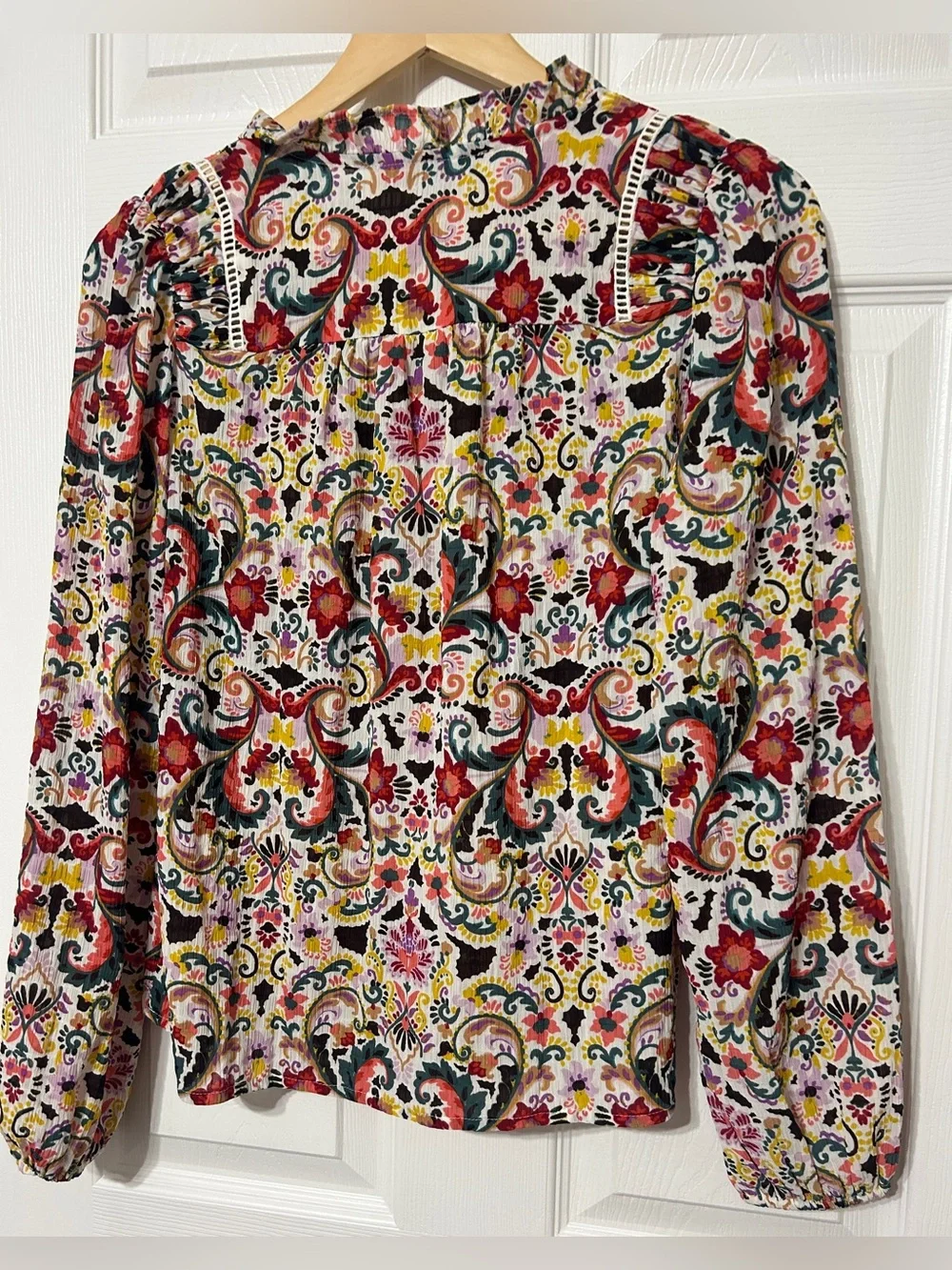 LOFT Women’s Floral Puff Sleeve Blouse Boho Ruffle Neck Size XS